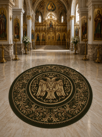 Covoare bisericesti - Covor Rotund Model Bisericesc Lotos 15032-310, Imprimeu cu Vultur Bicefal, Verde, Inaltime Fir 8 mm, Antialergic, Polipropilena, Manastire, Biserica, Altar, Naos, Pronaos, Capela, Chilie, Hol, Birou