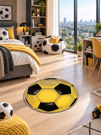 Covoare camera copii - Covor Rotund Camera Copii Model Minge Fotbal 11198-150, Galben, Inaltime Fir 9 mm, Antialergic, Polipropilena, Gradinita, Cresa, Loc de Joaca