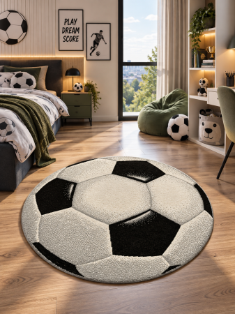 Covoare camera copii - Covor Rotund Camera Copii Model Minge Fotbal 11199-190, Alb, Negru, Inaltime Fir 9 mm, Antialergic, Polipropilena, Gradinita, Cresa, Loc de Joaca