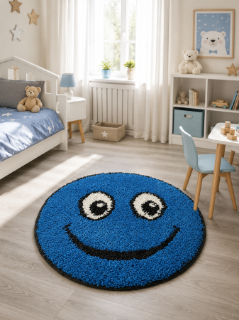 Covoare camera copii - Covor Rotund Camera Copii Model Smile 12003A-3313, Marime 67 x 67 cm, Albastru Inchis, Inaltime Fir 30 mm, Antialergic, Polipropilena, Gradinita, Cresa, Loc de Joaca