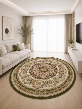 Clasice & Elegante - Covor Rotund Model Lotos 539-130, Crem, Verde, Inaltime Fir 8 mm, Antialergic, Polipropilena, Living, Dormitor, Sufragerie, Birou