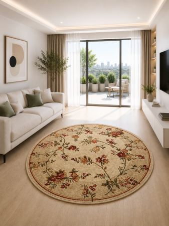 Clasice & Elegante - Covor rotund Lotos 551-100 bej floral trandafiri polipropilena friese