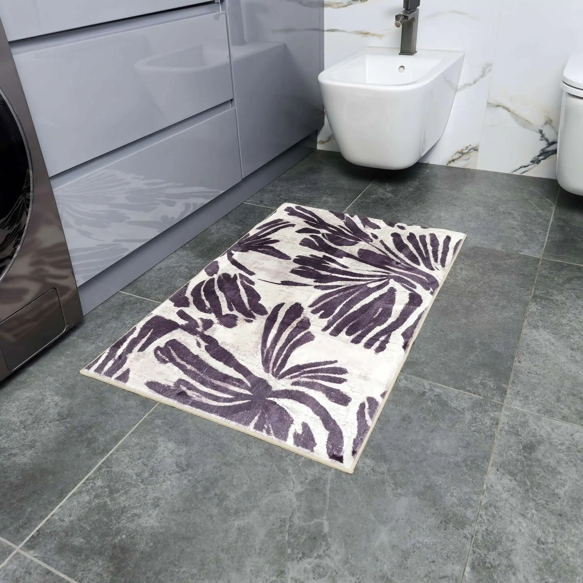Covoraș Universal Antiderapant Plush Floral, Bej și Mov, Mărime 60 × 90 cm, Poliester, Grosime Totală 5 mm [3]