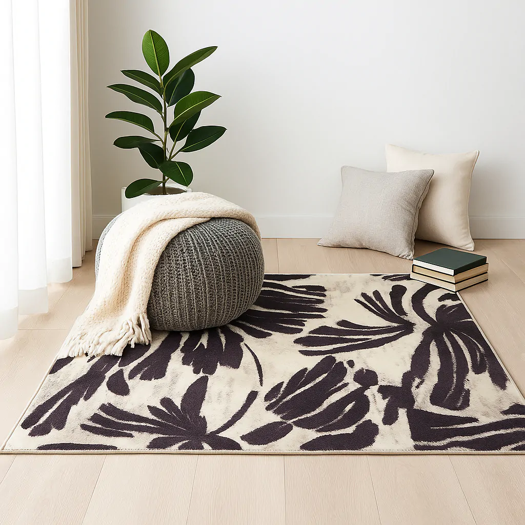 Covoraș Universal Antiderapant Plush Floral, Bej și Mov, Mărime 60 × 90 cm, Poliester, Grosime Totală 5 mm [2]