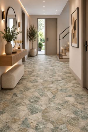 Linoleum - Linoleum Rezidential Antiderapant Clasa 21, Belgia, Model Atlantic Marlow 736M, Imitatie Piatra, Suport Spuma, Grosime 2.3 mm, Gri, Bej, PVC