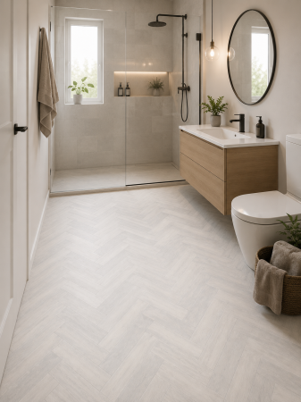 Linoleum - Linoleum Rezidential Antiderapant Clasa 21, Belgia, Model Mayfair 009S, Suport Spuma, Grosime 2.3 mm, Imitatie Parchet, Crem, Gri, PVC