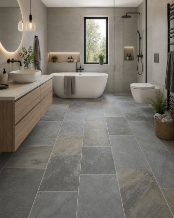 Linoleum - Linoleum Rezidential Antiderapant Clasa 21, Belgia, Model Salisbury 996, Suport Spuma, Grosime 2.3 mm, Imitatie Piatra, Gri, Maro, PVC