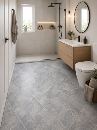 Linoleum - Linoleum Rezidential Antiderapant Clasa 21, Belgia, Model Sand Stone 911M, Suport Spuma, Grosime 2.3 mm, Imitatie Piatra, Gri, PVC