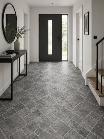Linoleum - Linoleum Rezidential Antiderapant Clasa 21, Belgia, Model Sand Stone 919, Suport Spuma, Grosime 2.3 mm, Imitatie Piatra, Gri, PVC