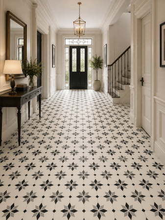 Linoleum - Linoleum Rezidential Antiderapant Clasa 21, Belgia, Model Scottsdale 099M, Suport Spuma, Grosime 2.3 mm, Imitatie Gresie, Alb, Negru, Gri, PVC