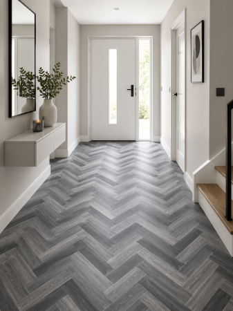 Linoleum - Linoleum Rezidential Antiderapant Clasa 21, Belgia, Model Venice 990D, Suport Spuma, Grosime 2.3 mm, Imitatie Parchet, Gri, Negru, PVC