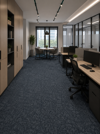 Linoleum - Mocheta Modulara Dale, Olanda, Clasa 31, Trafic Comercial, Model Realise 523 Navy, Bleumarin, Albastru, 5 mp / cutie (20 dale, 50 x 50 cm), Grosime 6.5 mm, Inaltime Fir 3.4 mm, Polipropilena