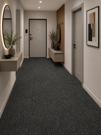 Linoleum - Mocheta Modulara Dale, Olanda, Clasa 31, Trafic Comercial, Model Realise 923 Basalt, Negru, 5 mp / cutie (20 dale, 50 x 50 cm), Grosime 6.5 mm, Inaltime Fir 3.4 mm, Polipropilena