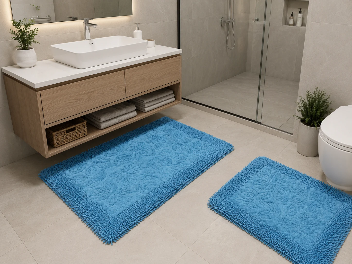 Baie - Set 2 Covorase Baie Model Butterflies, Marimi 60 x 100 / 50 x 80 cm, Albastru Antiderapant, Antialergic, Polipropilena