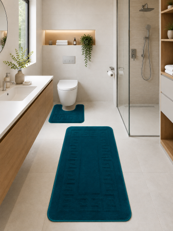Covoare - Set 2 Covorase Baie Model Ethnic 25495 Marimi 60 x 100 / 50 x 60 cm, Turcoaz, Antiderapant, Antialergic, Polipropilena