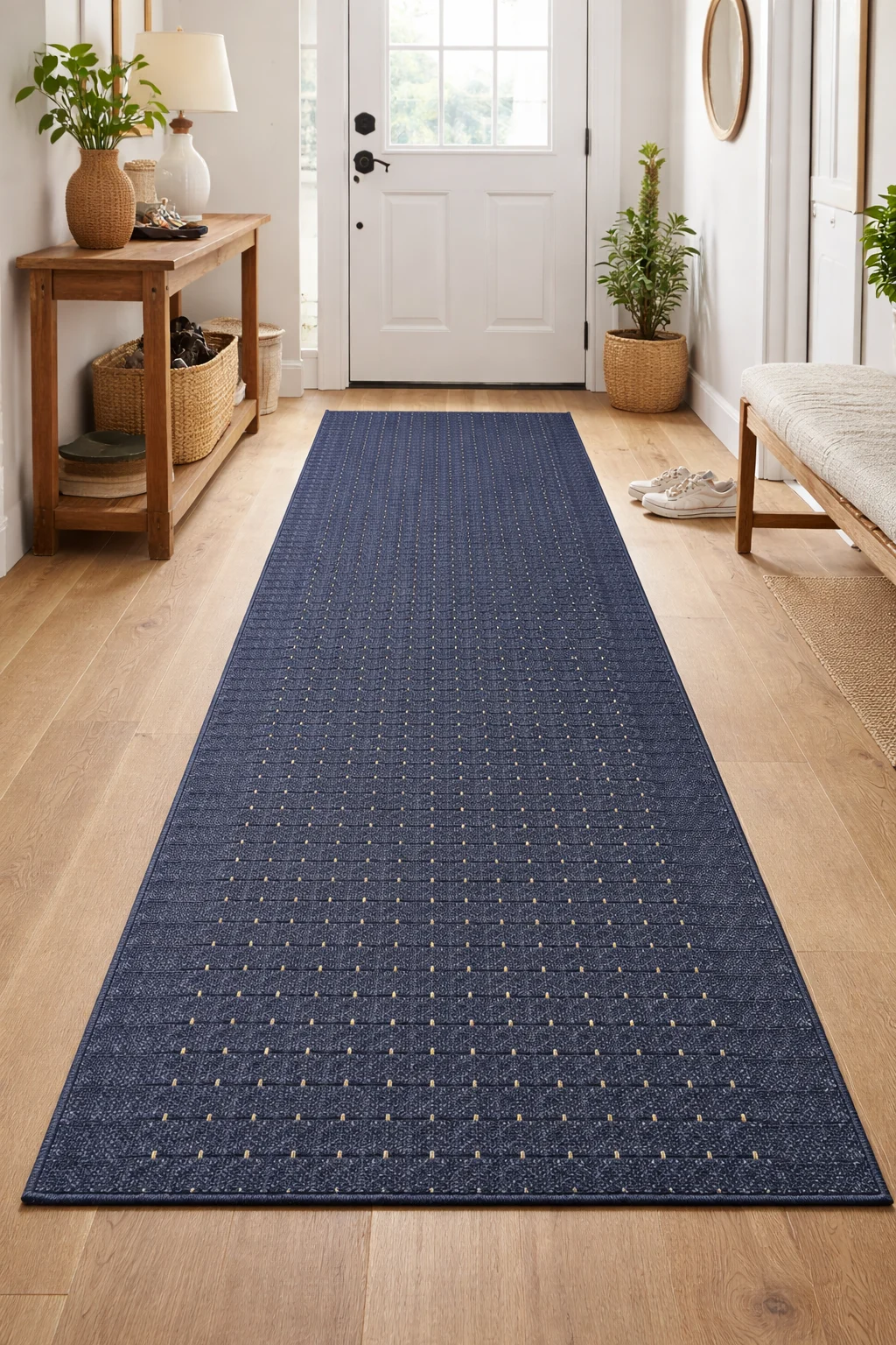 Traverse bucatarie - Traversa Festonata / Surfilata Premium, Greceasca, Model Stanford Blue Sugar, Tesatura Plata, Gri, Antiderapant, Antialergic, Polipropilena, Bucatarie, Sufragerie, Terasa, Living, Dormitor, Coridor, Hol