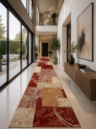 Traverse - Traversa Lotos 15001-210 grena modern abstract cu cercuri si patrate in rosu bej si maro