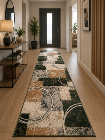 Traverse clasice - Traversa Lotos 15001-310 verde design geometric modern cercuri dreptunghiuri bej maro margine festonata surfilata