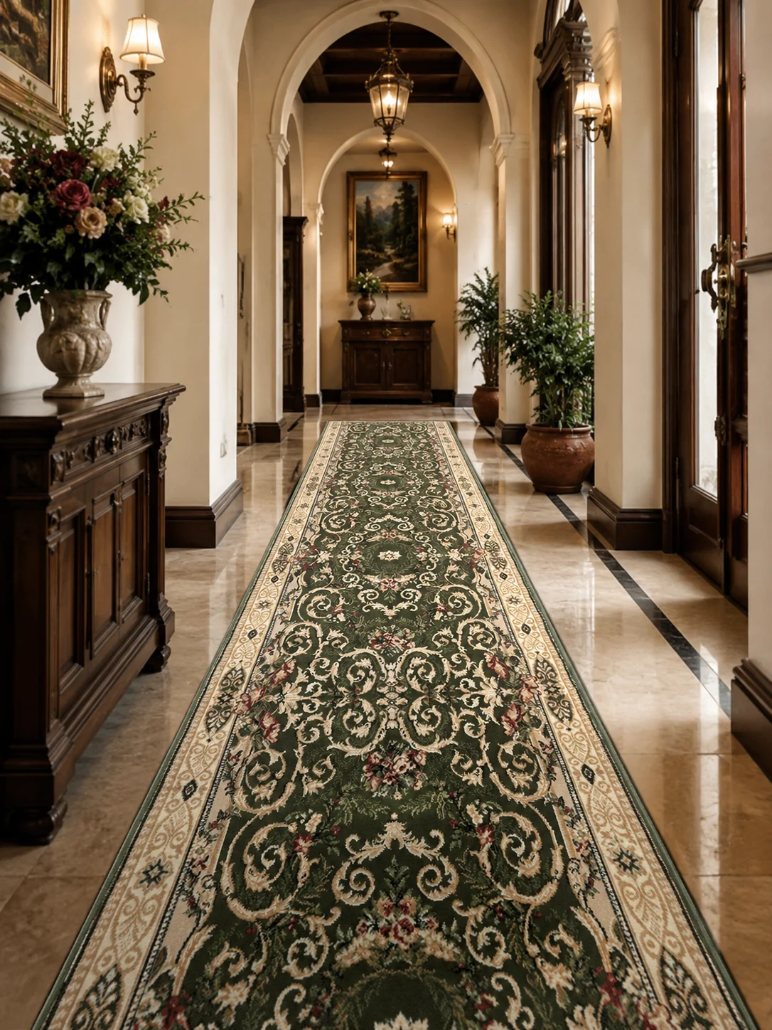 Traverse dormitor - Traversa Lotos 15002-310 verde oliv cu crem, design floral clasic, festonata