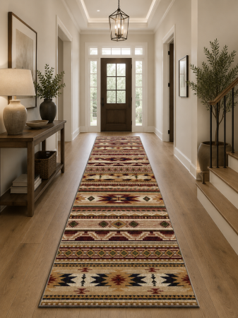 Hol - Traversa Lotos 15080-120 bej etnic geometric cu motive tribale in rosu grena maro si verde