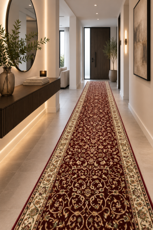 Traverse hol - Traversa Lotos 1555-210 grena cu crem, design floral clasic cu dungi verticale, festonata