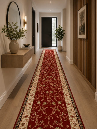 Hol - Traversa Lotos 523-210 design oriental clasic grena cu motive florale, festonata/surfilata