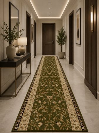 Traverse dormitor - Traversa Lotos 523-310 verde oliv cu crem, design floral clasic, festonata