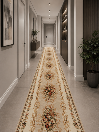 Hol - Traversa Lotos 535-106 crem cu design floral clasic Aubusson, festonata/surfilata