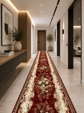 Traversa Lotos 535-210 grena cu crem, design floral clasic cu dungi verticale, festonata [1]