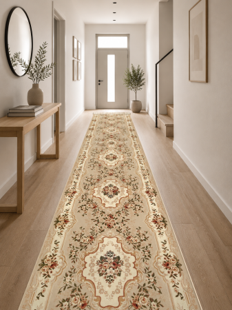 Traverse dormitor - Traversa Lotos 570-100 bej clasic cu medalioane florale si trandafiri pe fond crem