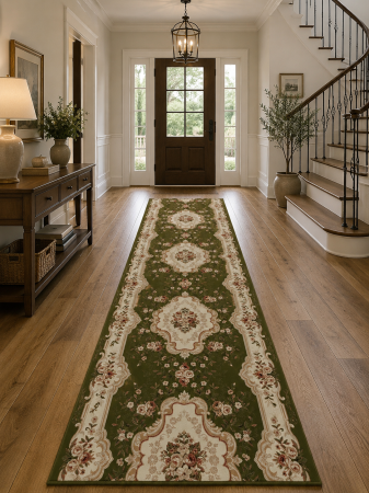 Traverse dormitor - Traversa Lotos 570-310 verde inchis clasic oriental medalion floral crem rosu