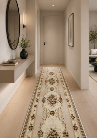 Hol - Traversa Lotos 574-100 crem cu design floral clasic trandafiri roz, festonata/surfilata