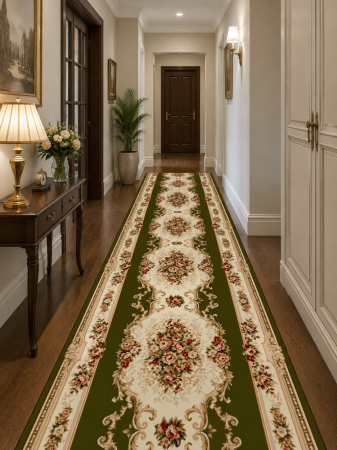 Traverse dormitor - Traversa Lotos 574-310 verde cu design floral clasic trandafiri rosii, festonata/surfilata