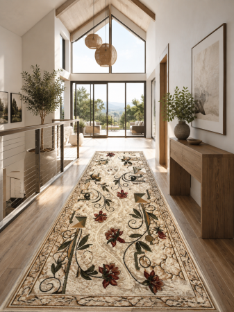 Traverse - Traversa Lotos 587-116 Crem cu Motive Florale Rosii-Grena si Decoratiuni Clasice