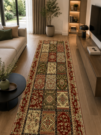 Traversa Lotos 1518-120 Timbre design patchwork oriental grena cu bej, festonata/surfilata [1]