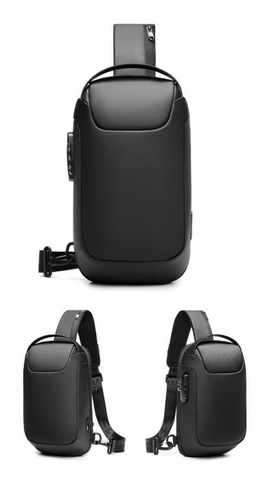 Borseta crossbody tip rucsac de umar, Tecos, antifurt, cu port încărcare USB, dimensiuni 18*4*32cm, negru [2]