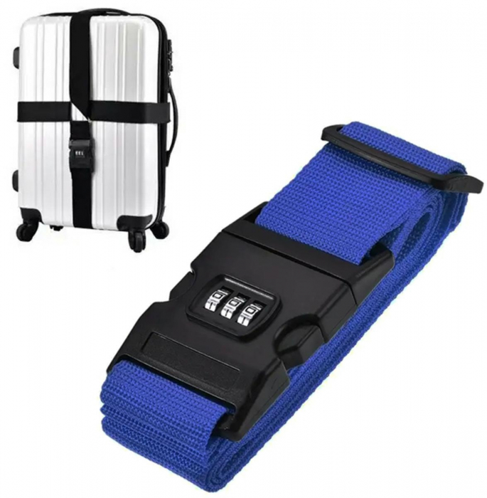 Curea de siguranță ajustabila cu cifru pentru troller, Cracos®, valiza sau rucsac, albastru, marime maxima 400x5cm, ideala pentru protectie in calatorie [4]
