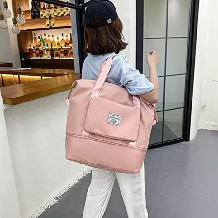 Geantă de voiaj multifuncțională, Cracos®, roz, dimensiuni 40x42x22 centimetri, compartiment pliabil, 4 buzunare cu fermoar, bagaj de cabina, ideal pentru călătorii [2]