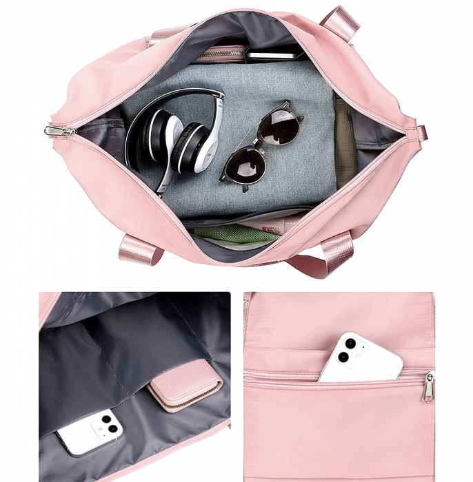 Geantă de voiaj multifuncțională, Cracos®, roz, dimensiuni 40x42x22 centimetri, compartiment pliabil, 4 buzunare cu fermoar, bagaj de cabina, ideal pentru călătorii [4]