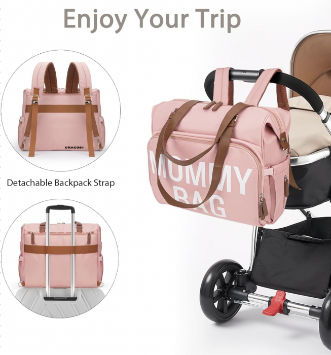 Geanta de voiaj tip rucsac Mommy Bag, Cracos®, model special conceput si adaptat pentru mamici si bebelusi, material rezistent la apa, buzunare termice si cu protectie, multifunctionala, 40x38x18 cm, [4]
