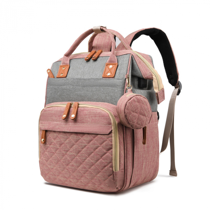 Geanta de voiaj tip rucsac multifunctional Mommy Bag, Cracos®, pentru mamici si bebelusi, material rezistent la apa, pat cu saltea de infasat, 42x30x18 cm, roz [2]