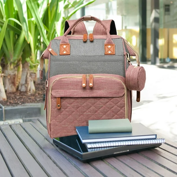 Geanta de voiaj tip rucsac multifunctional Mommy Bag, Cracos®, pentru mamici si bebelusi, material rezistent la apa, pat cu saltea de infasat, 42x30x18 cm, roz [3]