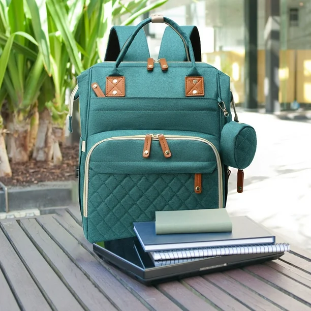 Geanta de voiaj tip rucsac multifunctional Mommy Bag, Cracos®, pentru mamici si bebelusi, material rezistent la apa, pat cu saltea de infasat, 42x30x18 cm, turcoaz [2]