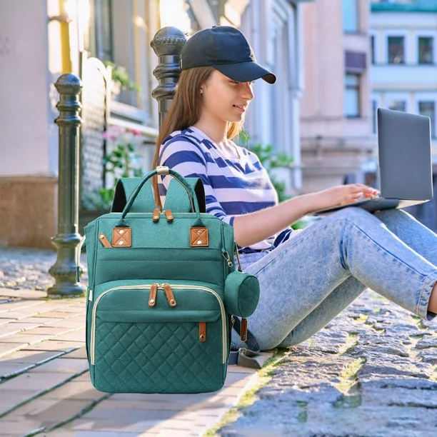 Geanta de voiaj tip rucsac multifunctional Mommy Bag, Cracos®, pentru mamici si bebelusi, material rezistent la apa, pat cu saltea de infasat, 42x30x18 cm, turcoaz [3]