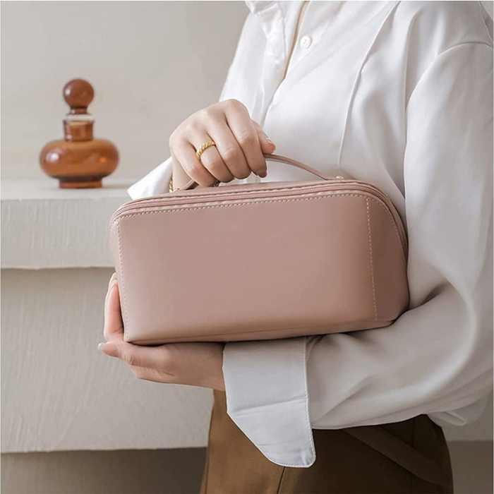 Geanta organizatoare cosmetice si parfumuri, Tecos, cu maner, ideal pentru travel sau bagaj de cala, roz [4]