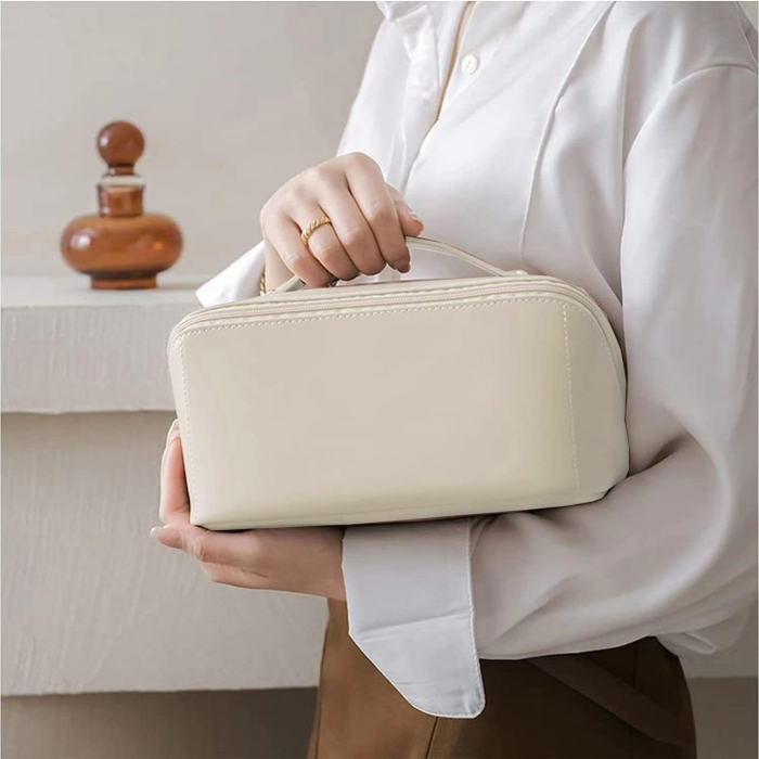 Geanta organizatoare cosmetice si parfumuri, Tecos, cu maner, ideal pentru travel sau bagaj de cala, bej [4]