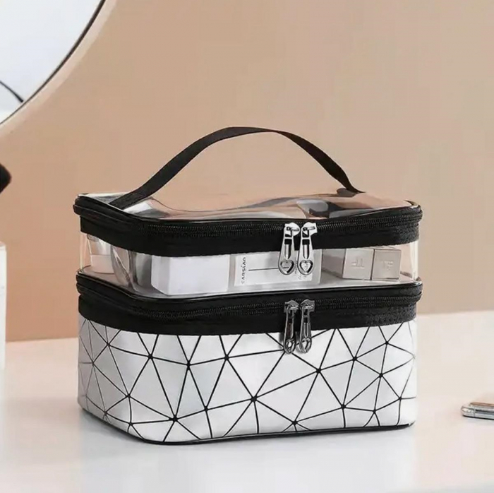 Geanta organizatoare cosmetice si parfumuri, Tecos, cu maner, ideala pentru travel sau bagaj de cala, argintiu, 2 compartimente [6]