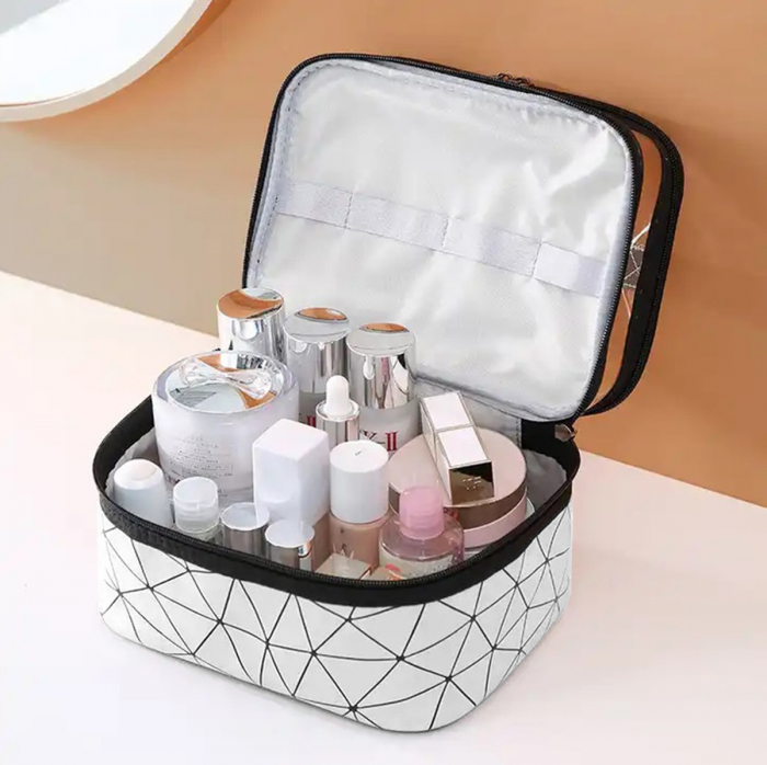 Geanta organizatoare cosmetice si parfumuri, Tecos, cu maner, ideala pentru travel sau bagaj de cala, argintiu, 2 compartimente [3]