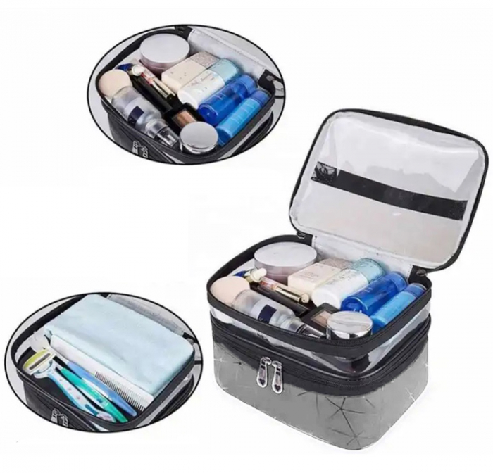 Geanta organizatoare cosmetice si parfumuri, Tecos, cu maner, ideala pentru travel sau bagaj de cala, argintiu, 2 compartimente [5]