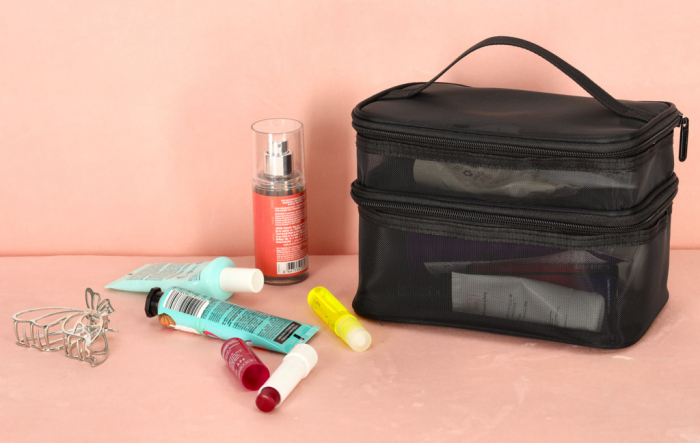 Geanta organizatoare cosmetice si parfumuri, Tecos, cu maner, ideala pentru travel sau bagaj de cala, negru, 2 compartimente [4]